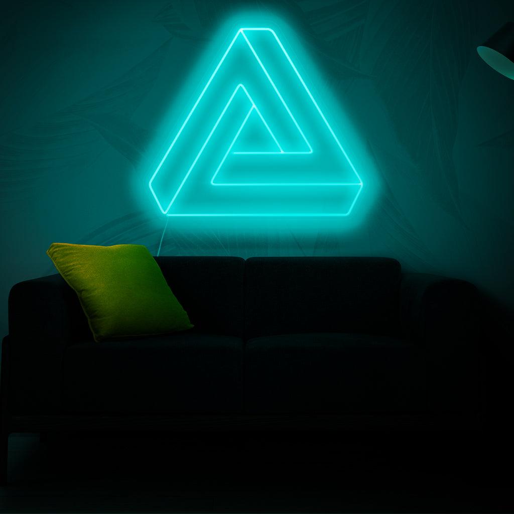 Um letreiro de neon hipnotizante com o Triângulo de Penrose, uma famosa ilusão de ótica.