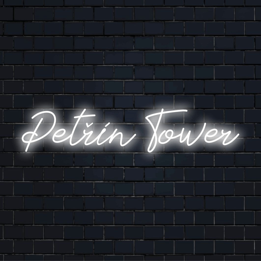 Pet N Tower Neon Sign, bright neon lettering on dark brick background