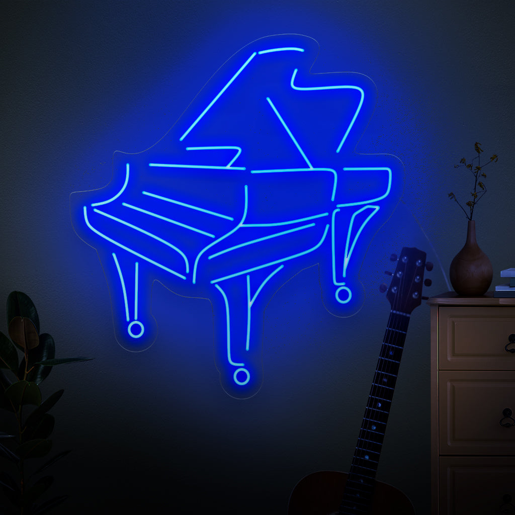 O letreiro de neon em forma de piano é um complemento elegante para uma decoração com tema musical, iluminando com uma luz elegante e cativante.