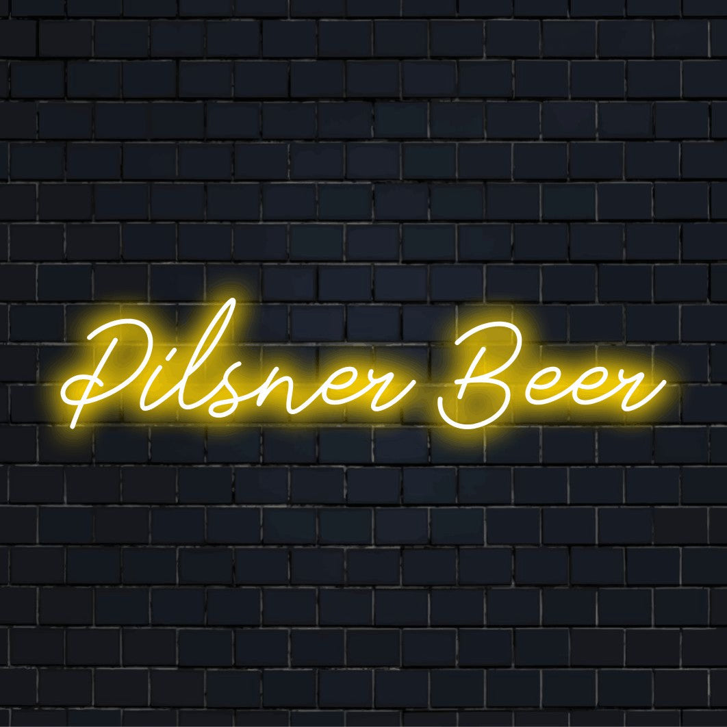 Pilsner Beer Neon Sign, glowing wall decor on dark brick wall