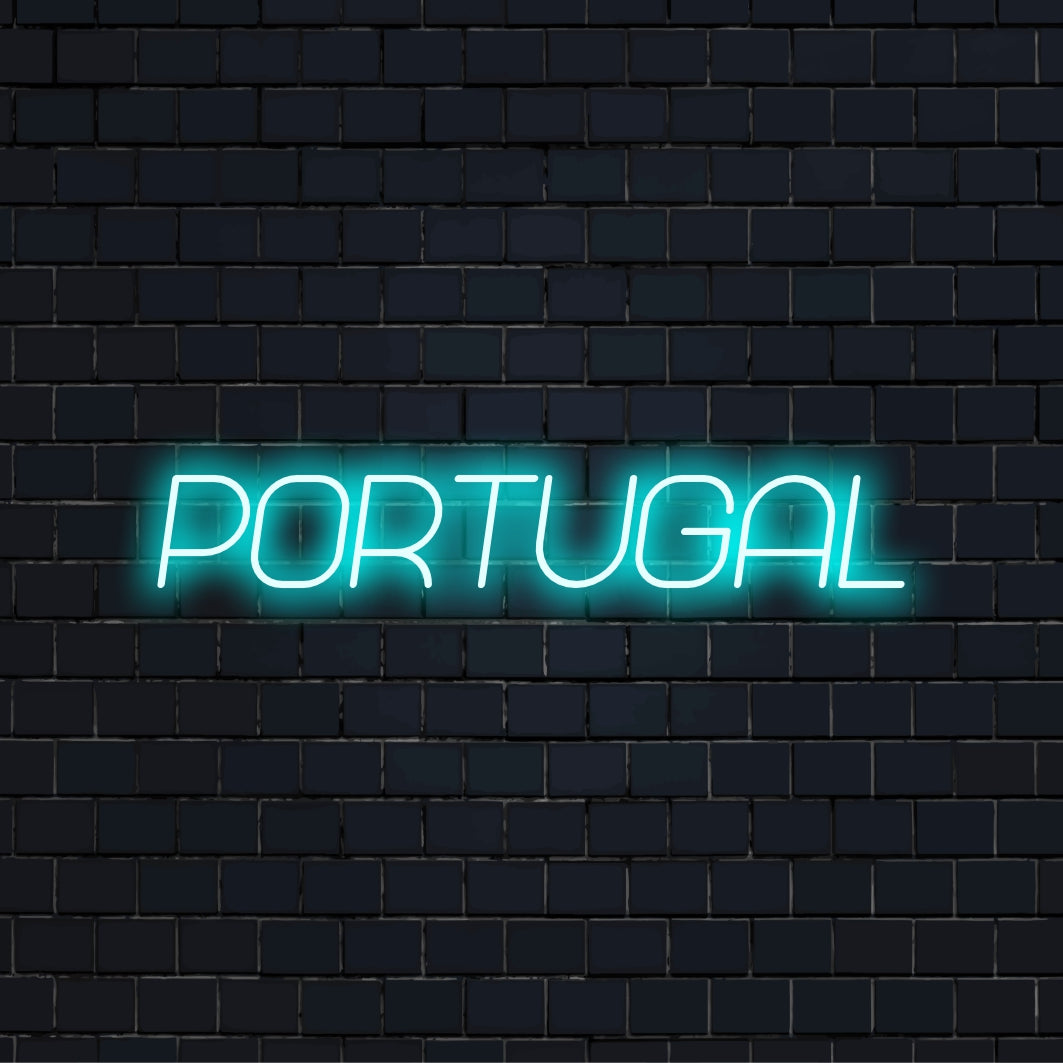 Portugal Neon Light with bright neon lettering on black brick background