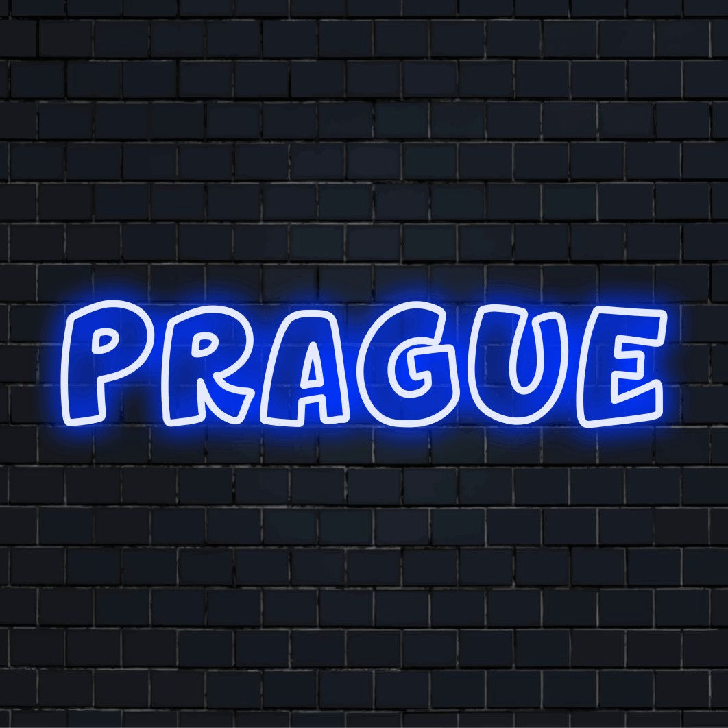 Prague LED Neon Sign, bright LED glow on dark brick wall