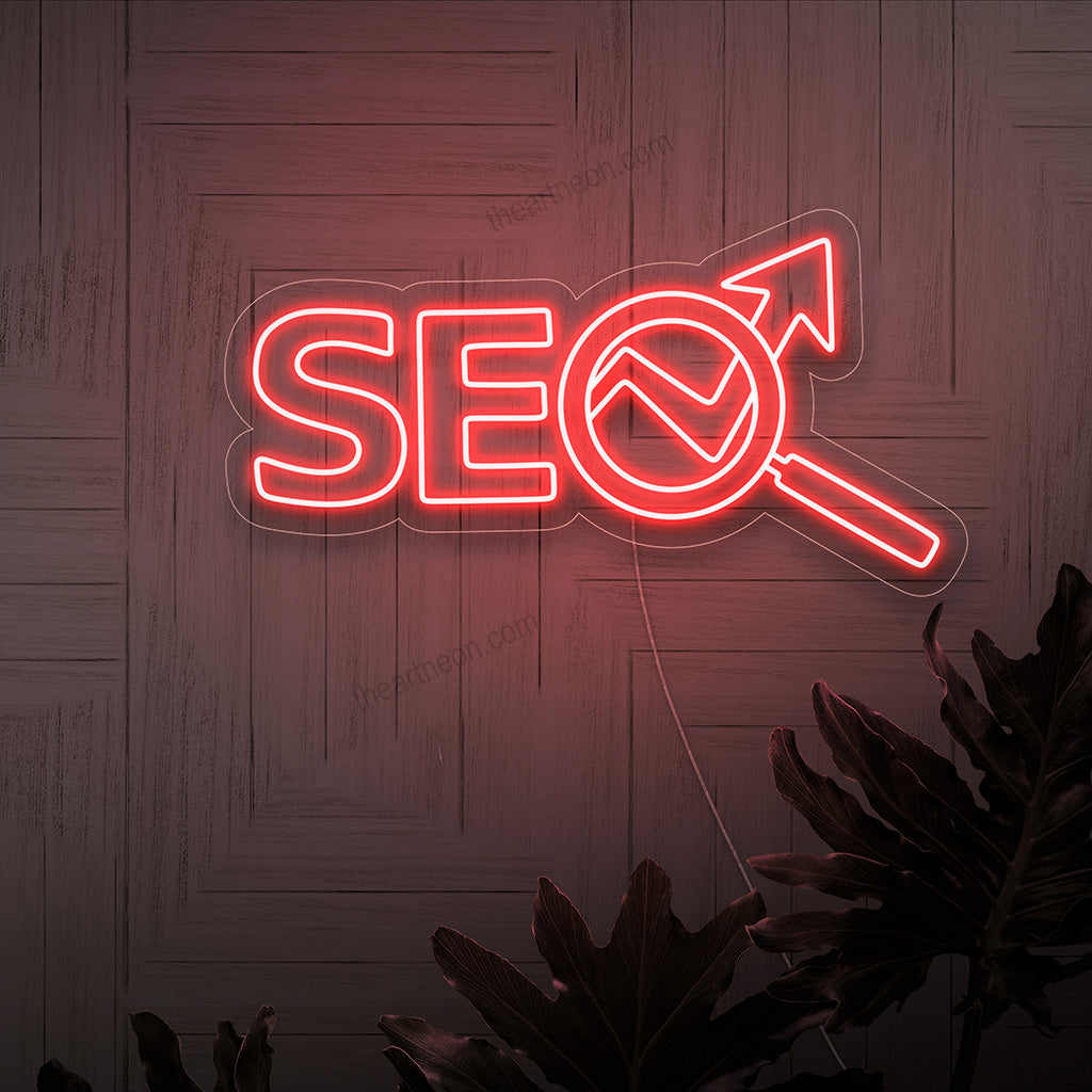 Placa de neon SEO feita à mão, símbolo de marketing digital e otimização de sites, perfeita para decoração de negócios online.