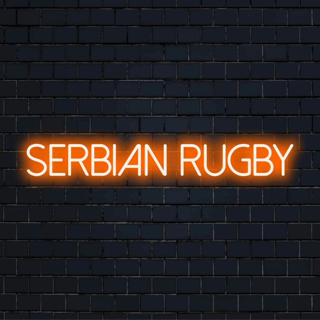 Serbian Rugby Neon Light with bright LED glow on black brick background