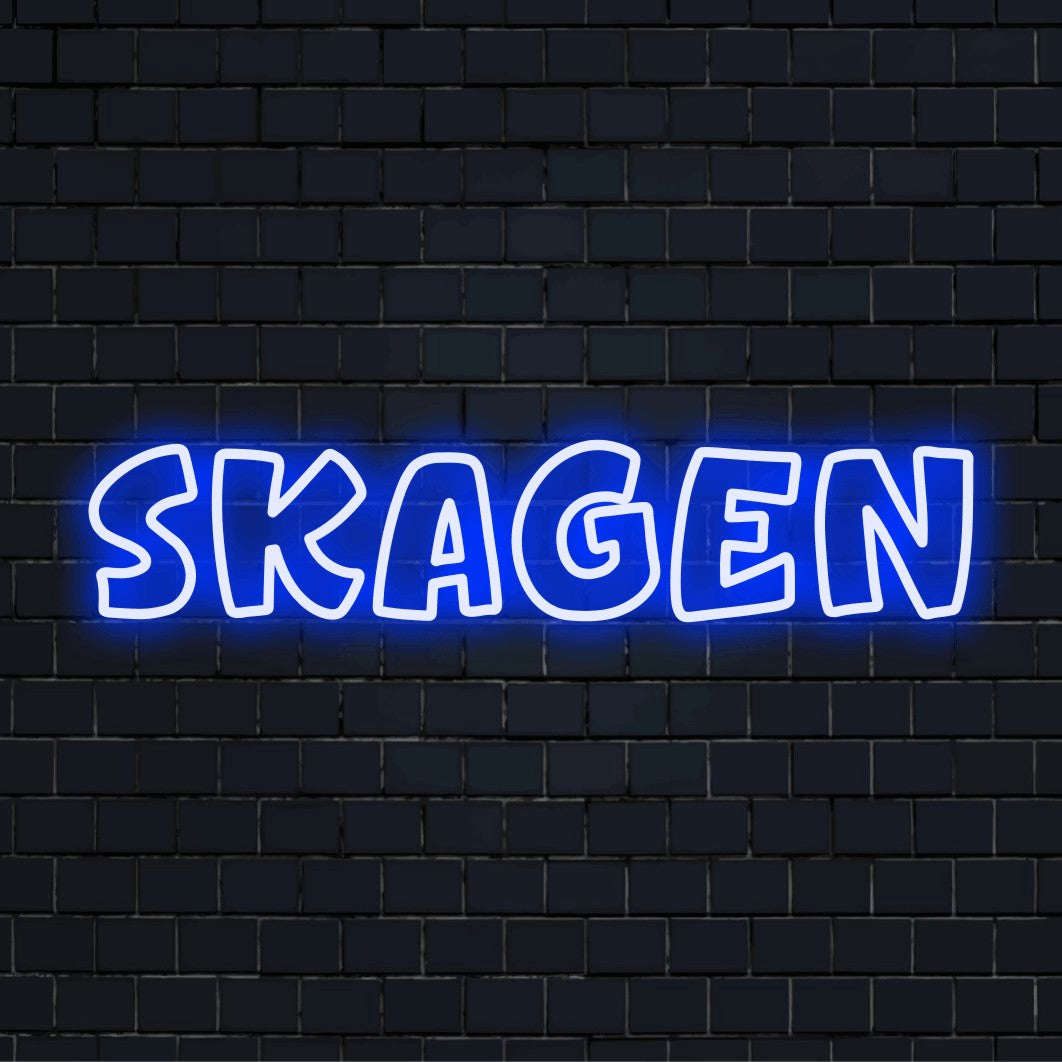 Sofia Neon Sign, bright neon lettering on dark brick wall