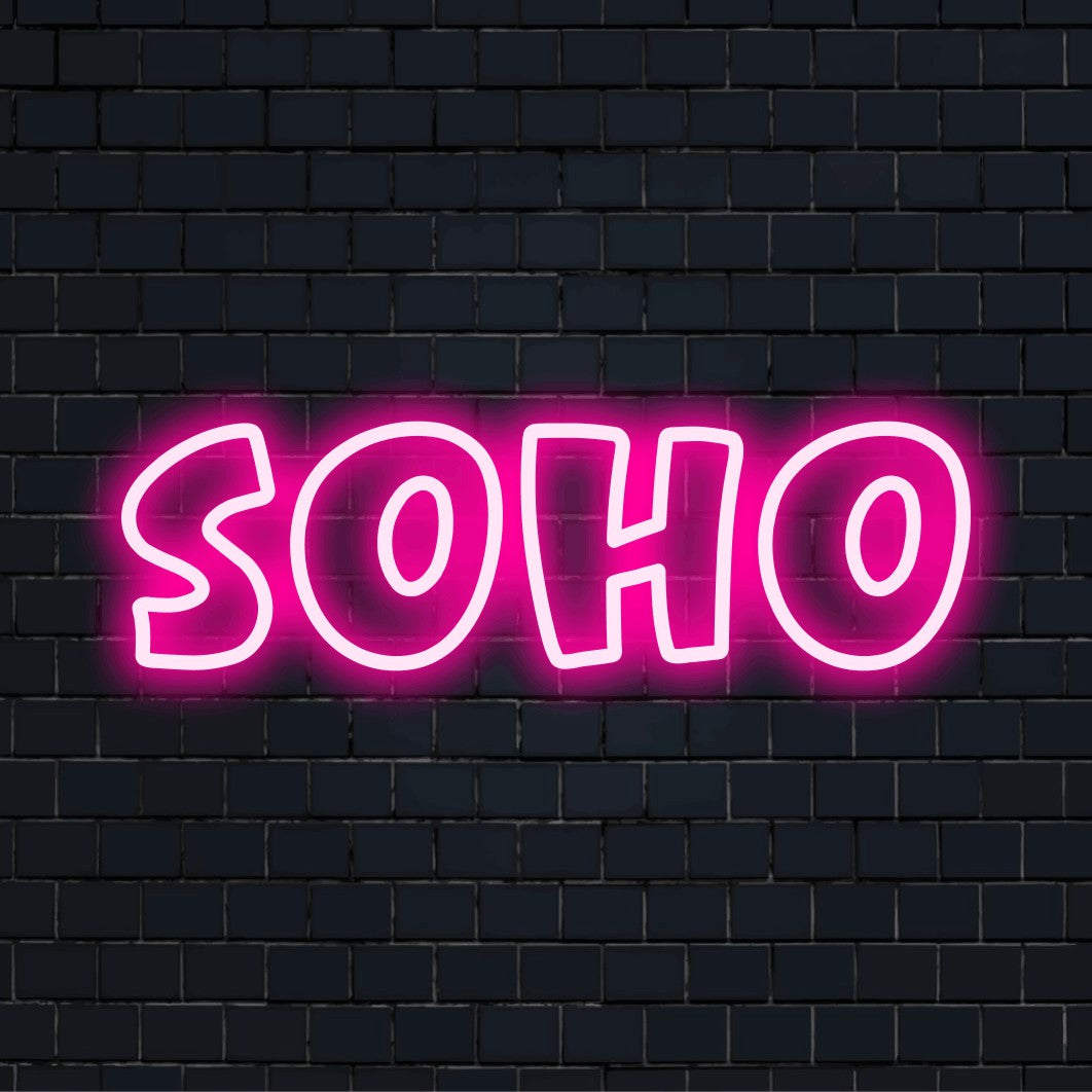Soho LED Neon Sign, bright LED glow against brick backdrop