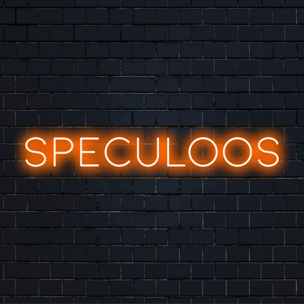 Speculoos Neon Sign, bright LED glow on black brick background