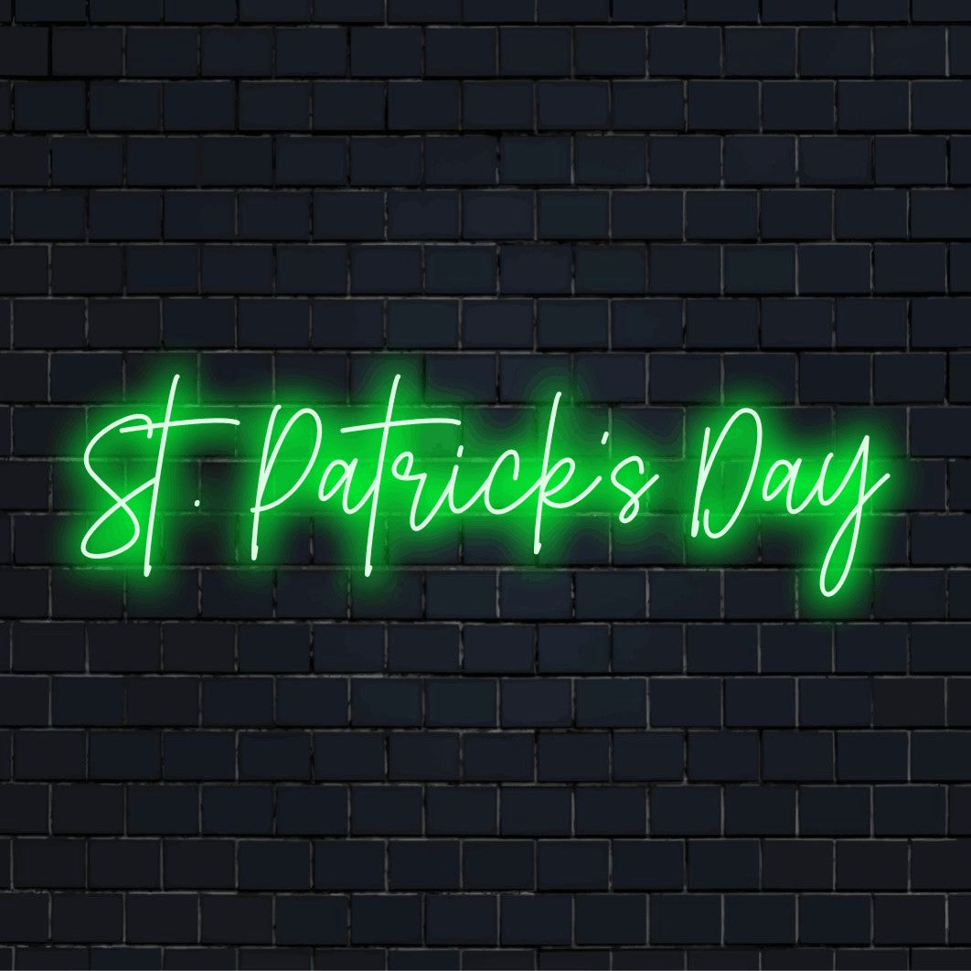 St Patrick S Day Neon Sign, glowing wall decor on black brick background