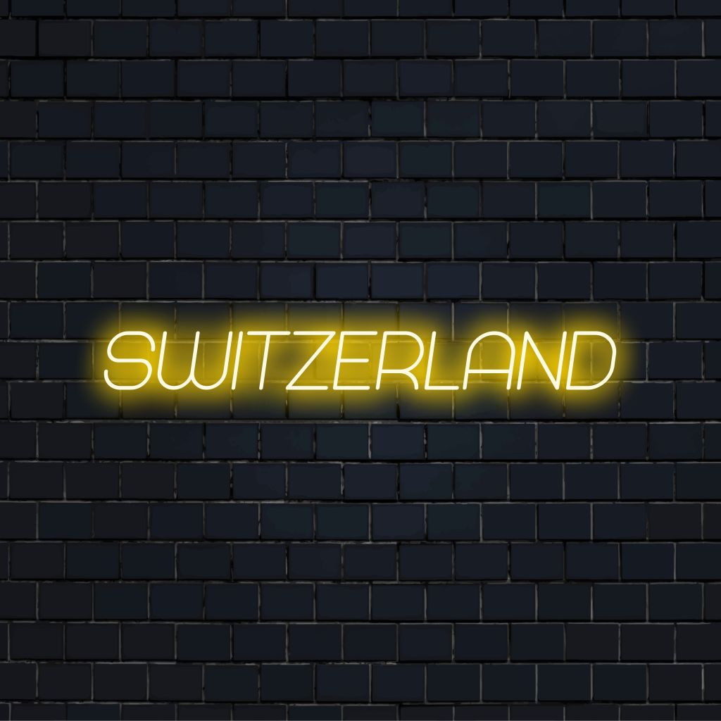 Switzerland Neon Light with glowing lettering on dark brick wall