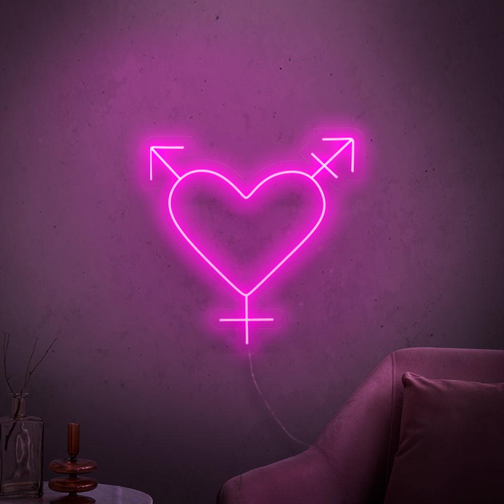 Uma placa de neon vibrante com o símbolo transgênero, representando a comunidade LGBTQ+ e os princípios de inclusão e igualdade.