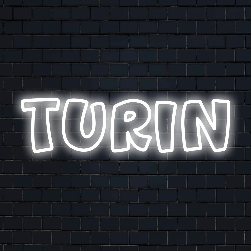 Turin LED Neon Sign, glowing lettering against brick backdrop