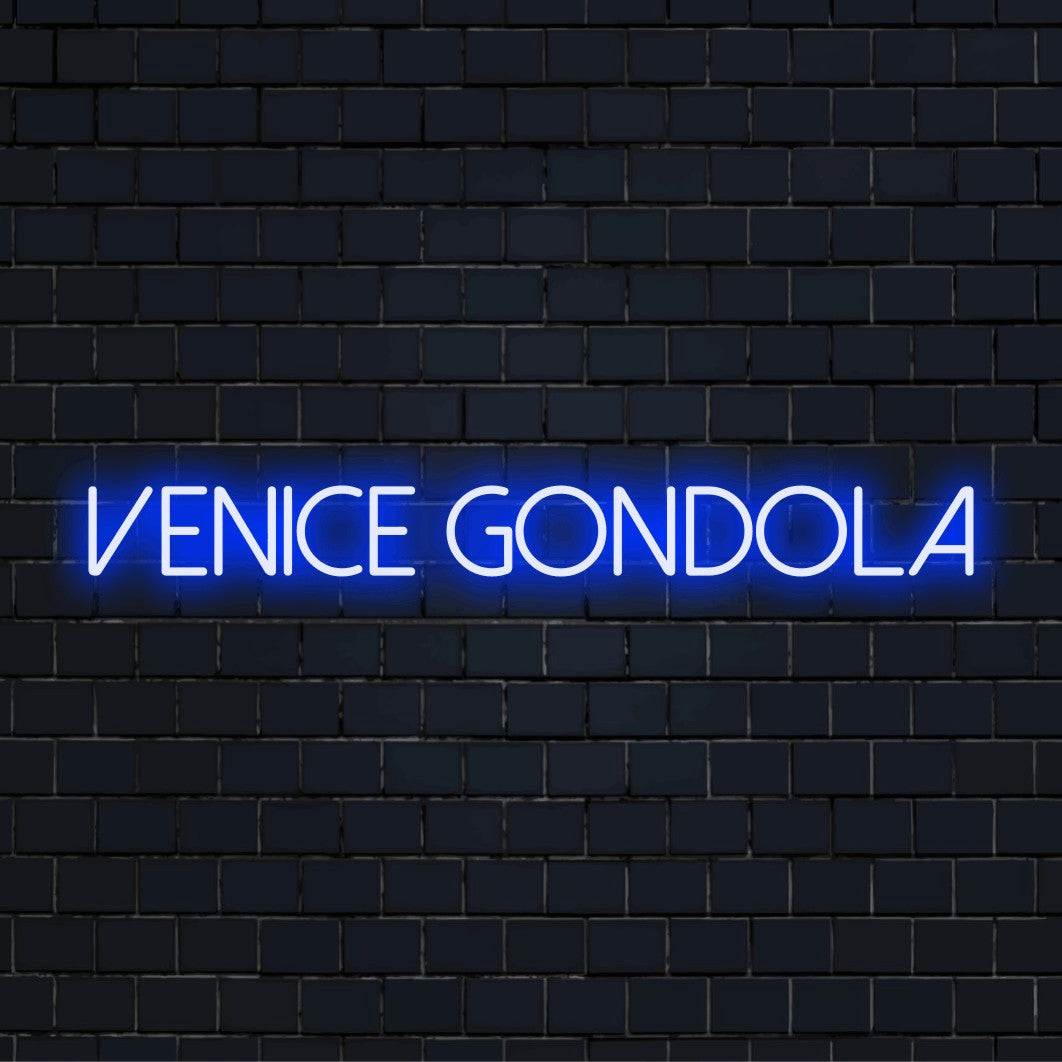 Venice Gondola Neon Sign, bright neon lettering on dark brick wall