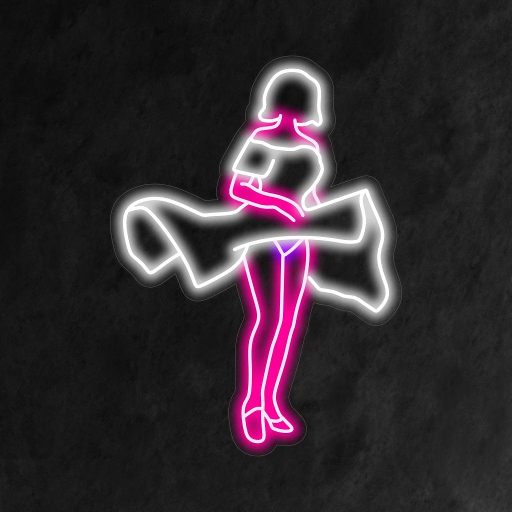 Um cativante letreiro de neon vintage com uma mulher em um vestido longo com sua saia graciosamente levantada pelo vento.