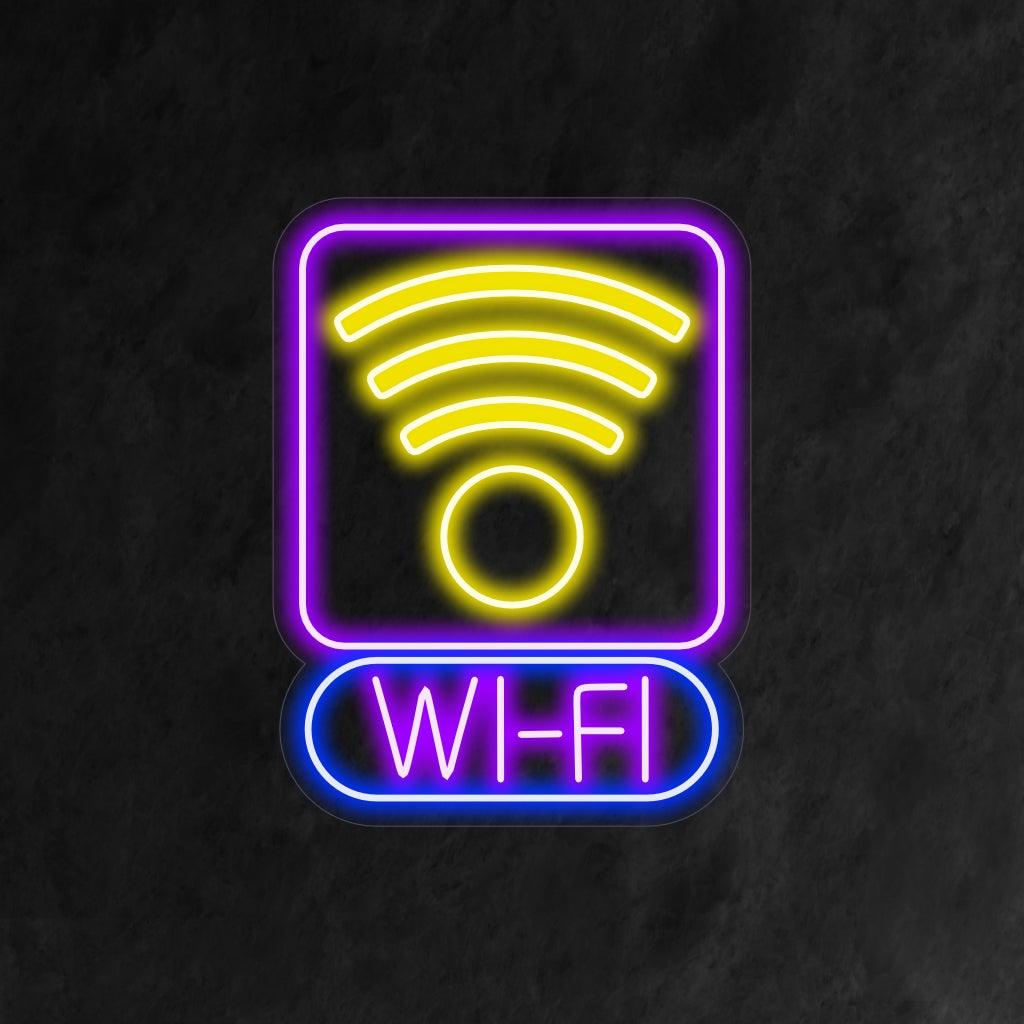 Uma elegante placa de neon exibindo o símbolo icônico do Wi-Fi, representando a disponibilidade de acesso à internet.
