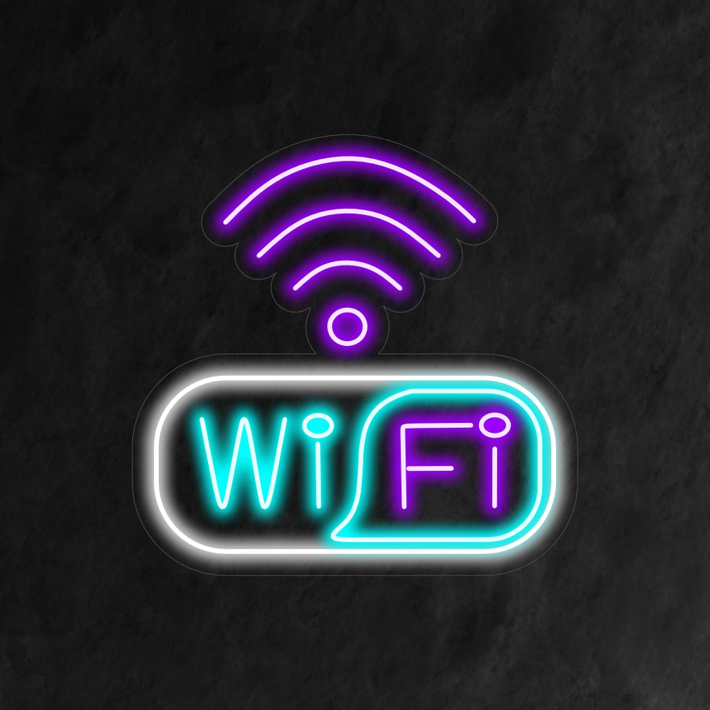 Uma placa de neon representando o icônico símbolo do Wi-Fi, representando tecnologia e conectividade.