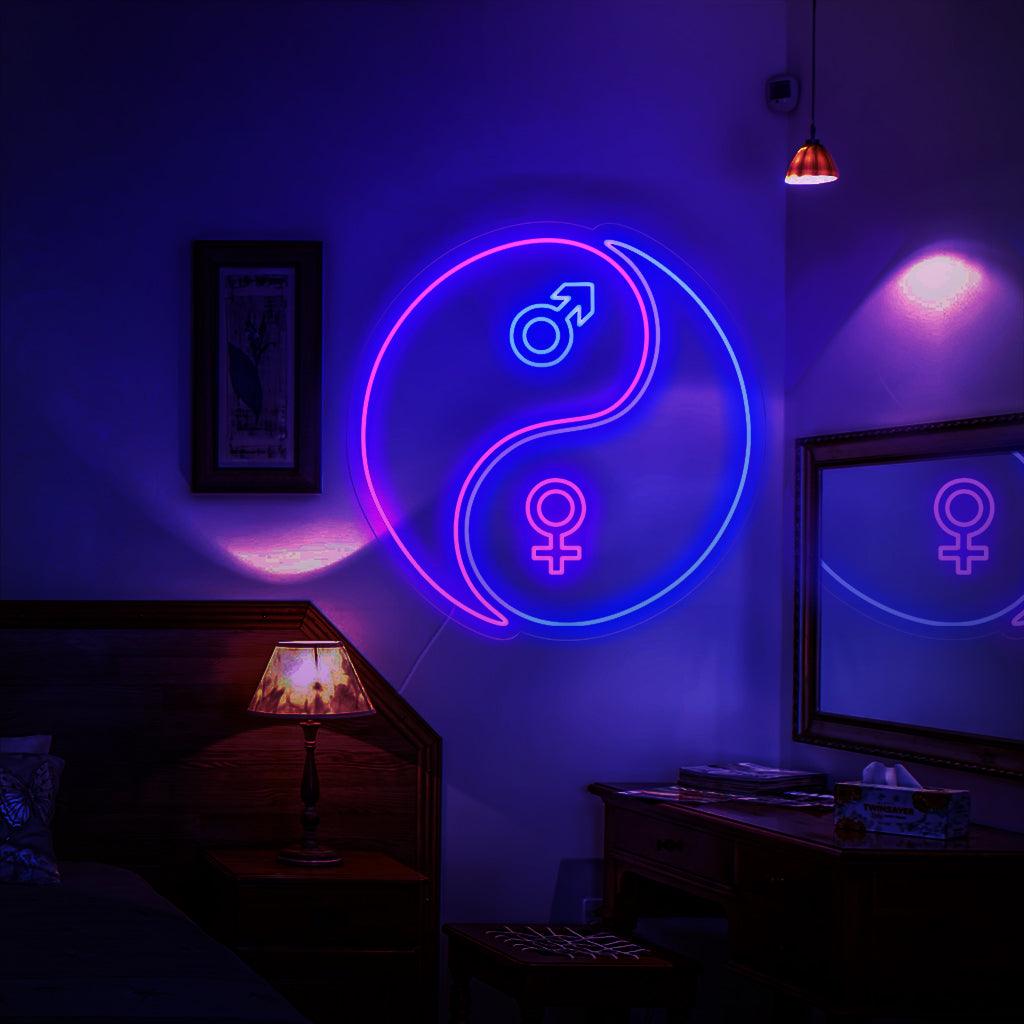 Um letreiro de neon cativante exibindo o símbolo Yin e Yang, retratando o equilíbrio harmonioso entre as energias masculina e feminina.