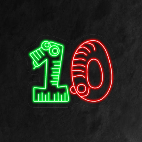"Placa de Neon para 10º Aniversário" apresenta um design encantador com o vibrante número "10", incorporando elementos de celebração de forma divertida. Perfeito para criar uma atmosfera festiva e memorável na festa de 10º aniversário de uma criança.