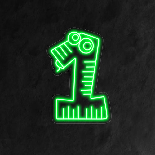A placa neon "Feliz Aniversário 1" apresenta um número 1 alegre, que lembra uma cobra simpática e cheia de personalidade. Perfeito para uma comemoração divertida e alegre do primeiro aniversário de uma criança.