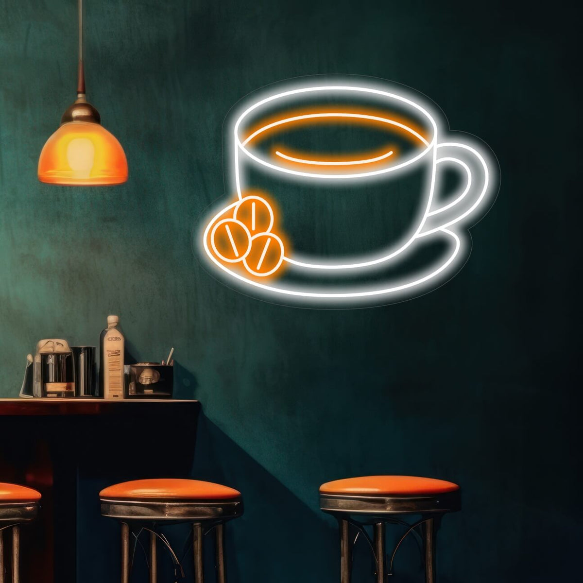 Placa de neon com xícara e café em um prato - The Art Neon