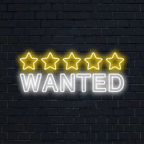 Placa de LED neon vibrante e personalizada com a inscrição "5 estrelas procura-se" em letras em negrito, perfeita para uma decoração neon chamativa.