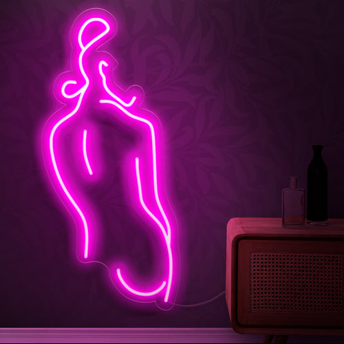 "Placa de neon com silhueta de mulher em arte abstrata" - Uma luz neon hipnotizante que exibe a silhueta abstrata de uma mulher, adicionando elegância moderna à sua decoração.