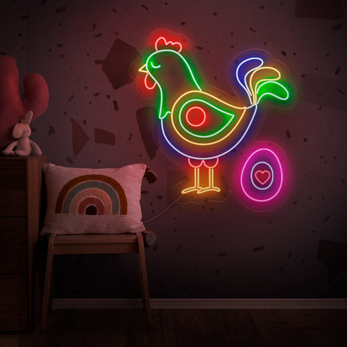 "Placa de neon abstrata de galinha e ovo" - Uma luz de neon divertida com uma representação abstrata de uma galinha e um ovo, trazendo humor e charme moderno ao seu ambiente.