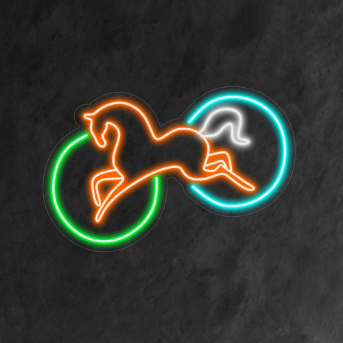 "Placa de neon com cavalo abstrato" oferece um brilho artístico e elegante, ideal para adicionar um toque contemporâneo a qualquer espaço com seu cativante design abstrato de cavalo.
