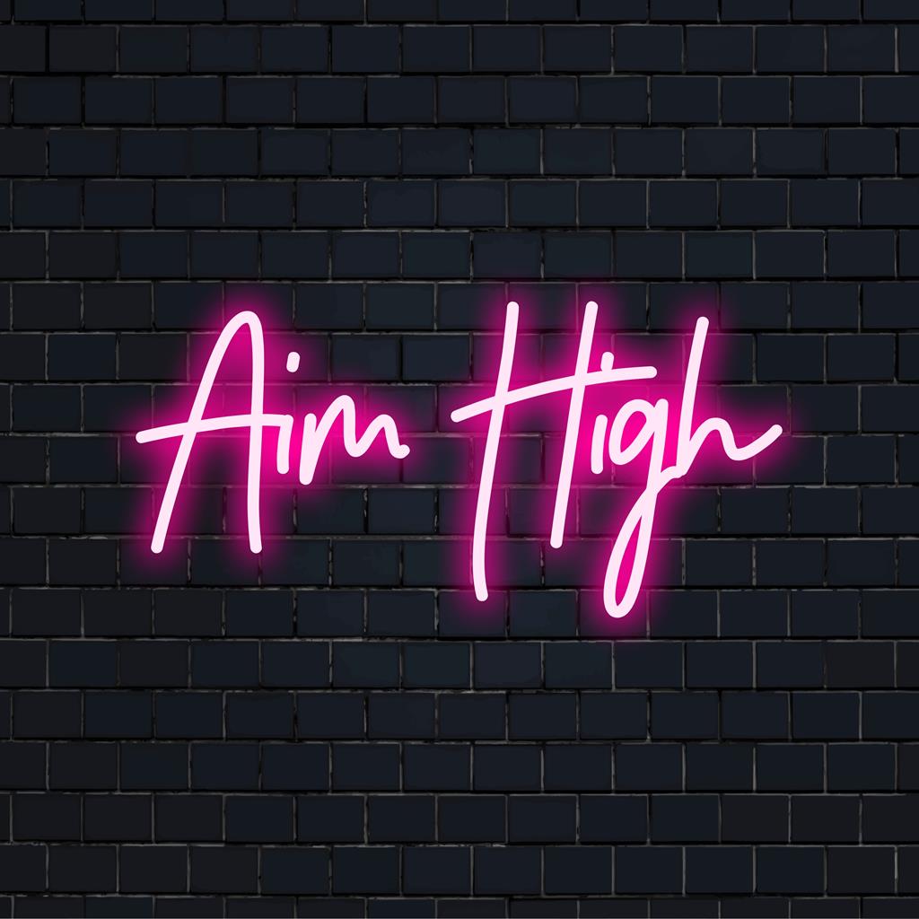 Placa de LED neon Vibrant Aim High; perfeita para decoração de casa ou escritório, combinando arte motivacional com o charme da luz neon brilhante.