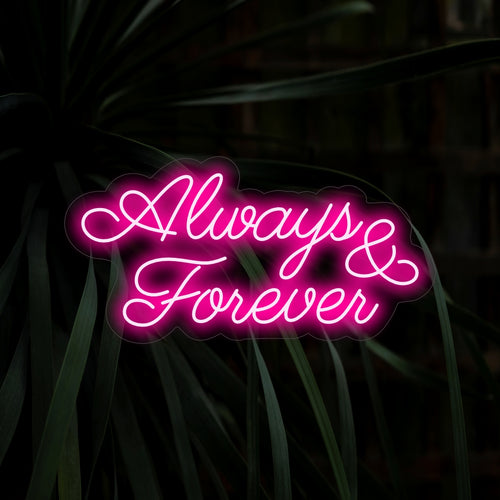 "Placa de neon Always & Forever" - Uma luz neon romântica com uma mensagem atemporal, que emite um brilho aconchegante e impregna seu espaço com a essência do amor eterno.