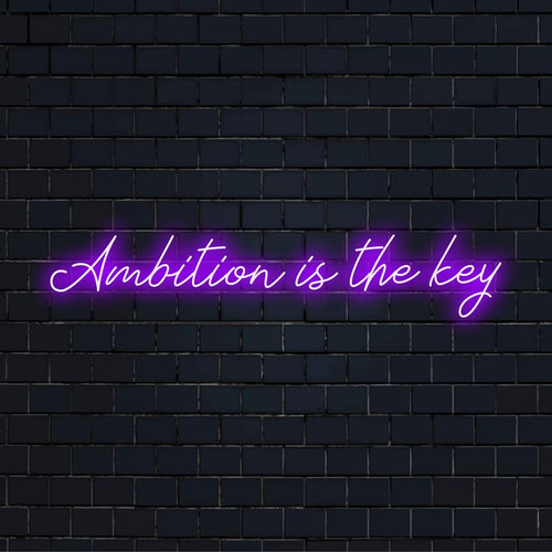 Placa de neon LED personalizada com os dizeres "Ambition Is The Key" em cores vibrantes, perfeita para decoração personalizada.