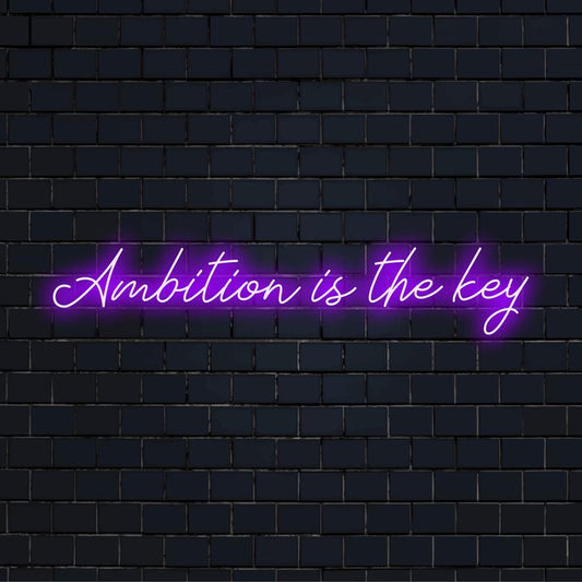 Custom-made LED neon sign displaying Ambition Is The Key in vibrant colors, perfect for personalized decor.
