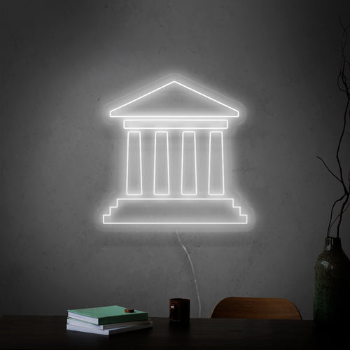 "Placa de neon de prédio antigo" - Uma majestosa luz de neon com a representação de um prédio antigo, trazendo um charme histórico e artístico ao seu espaço de convivência.
