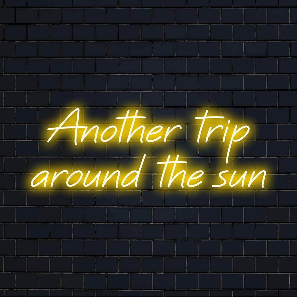 Vibrant LED neon sign displaying Another Trip Around The Sun phrase. Perfect neon light decor for birthdays and celebrations.