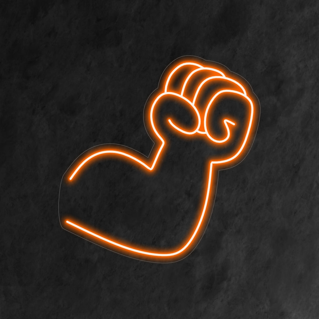 "Placa de neon de braço e punho" - Uma poderosa luz de neon que traz a força e a determinação de um braço e um punho, infundindo vigor e motivação em seu ambiente.