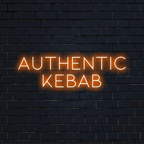 Placa de LED neon feita à mão com os dizeres "Autêntico Kebab" em cores vibrantes, perfeita para uma decoração chamativa com luzes neon.
