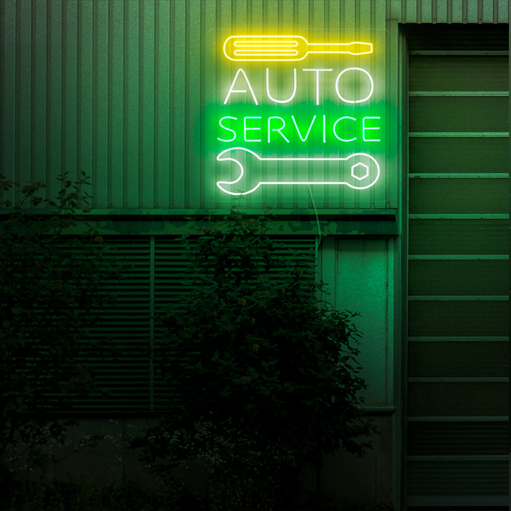 "Placa de neon para serviços automotivos" - Uma luz de neon ousada com uma representação clássica de serviços automotivos, infundindo um charme retrô e sinalizando um comprometimento com o atendimento de qualidade em sua oficina ou oficina automotiva.