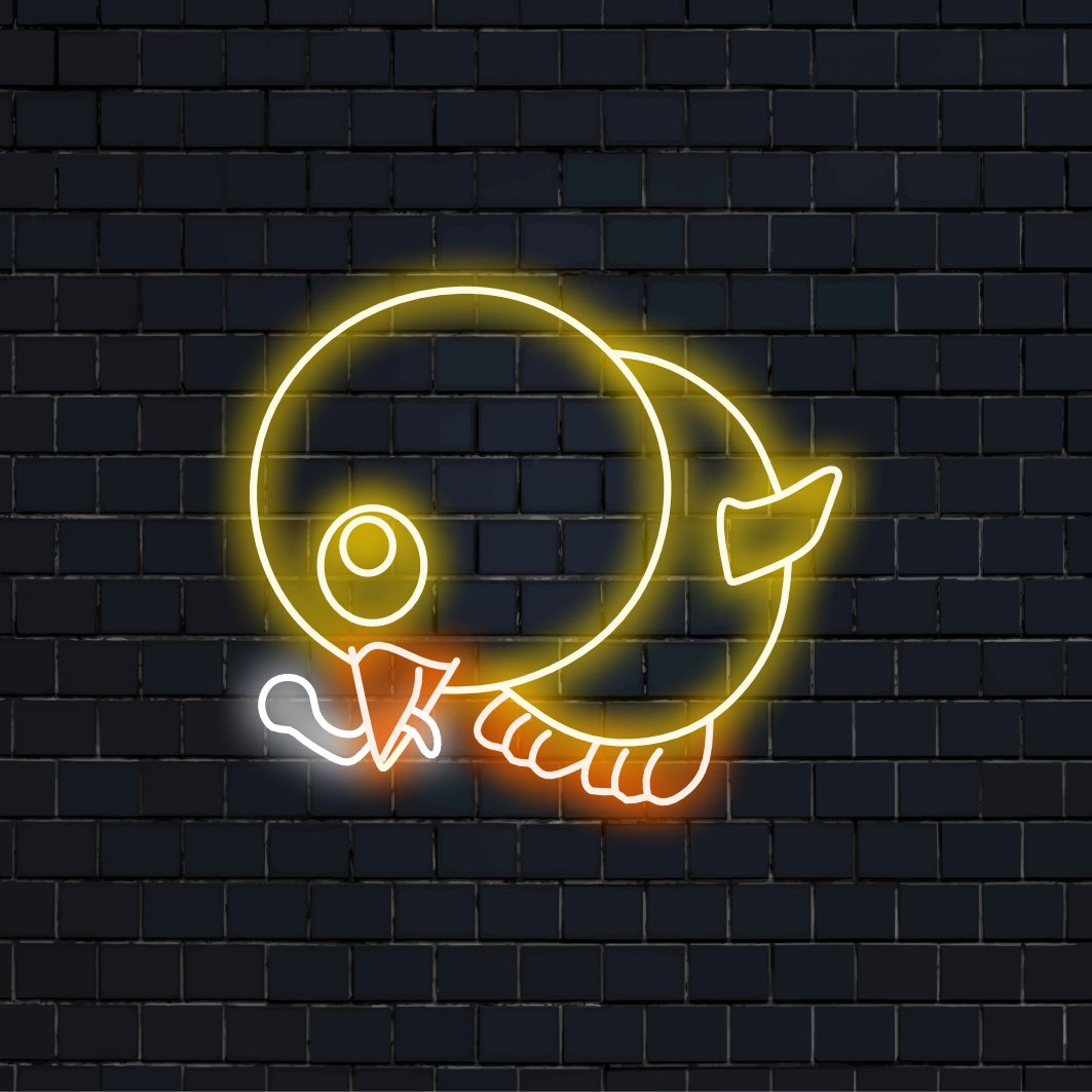 "Placa de neon de pintinho comendo minhoca" - Uma linda luz de neon com um pintinho se deliciando com uma minhoca, trazendo um charme adorável e alegria para seu ambiente.