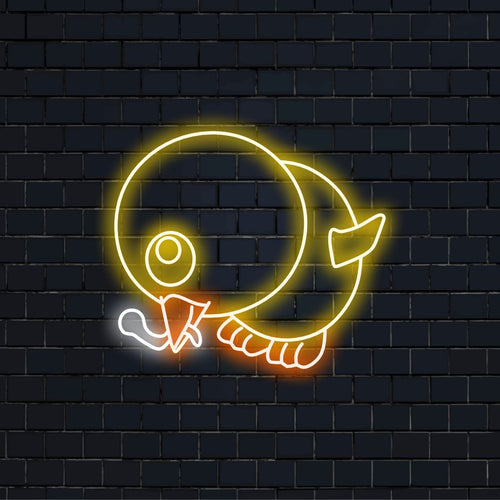 "Placa de neon de pintinho comendo minhoca" - Uma linda luz de neon com um pintinho se deliciando com uma minhoca, trazendo um charme adorável e alegria para seu ambiente.