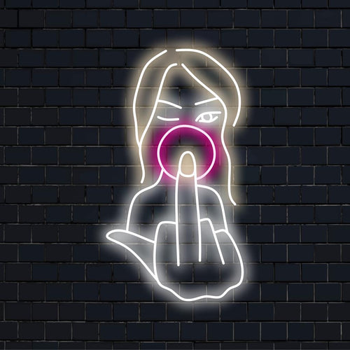Placa de neon LED personalizada representando o conceito de Bad Girl com um gesto do dedo médio, incorporando uma estética ousada de arte de parede neon.