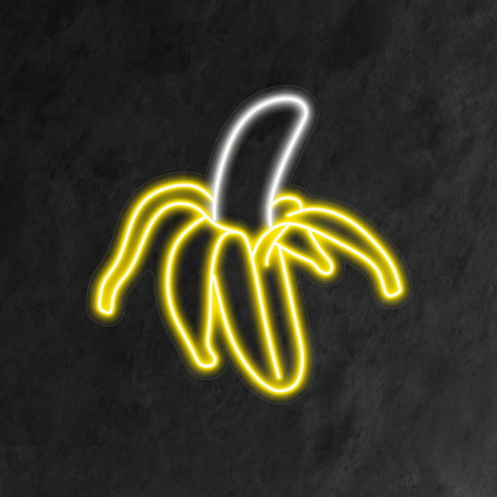 "Placa de neon de banana" - Uma luz neon divertida com a representação vibrante de uma banana, trazendo um toque fantástico e tropical ao seu ambiente.