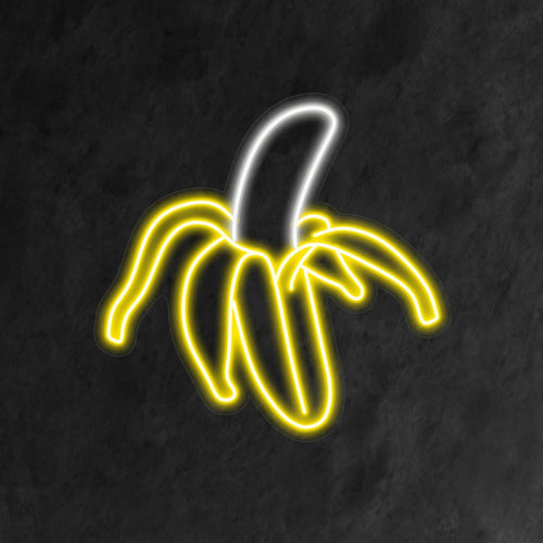 "Placa de neon de banana" - Uma luz neon divertida com a representação vibrante de uma banana, trazendo um toque fantástico e tropical ao seu ambiente.
