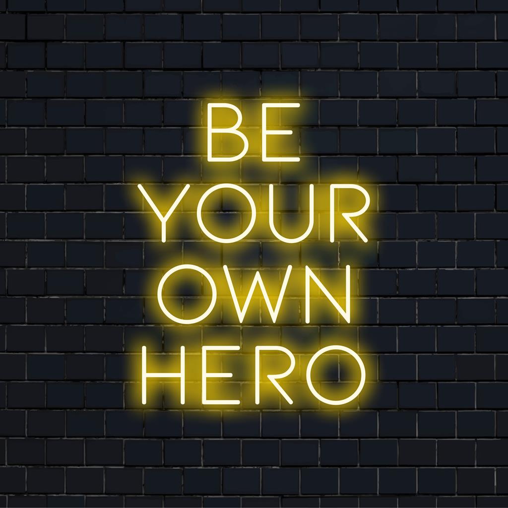 Placa de neon LED personalizada, feita à mão, com a frase inspiradora "Seja Seu Próprio Herói". Perfeita para uma decoração neon inspiradora.