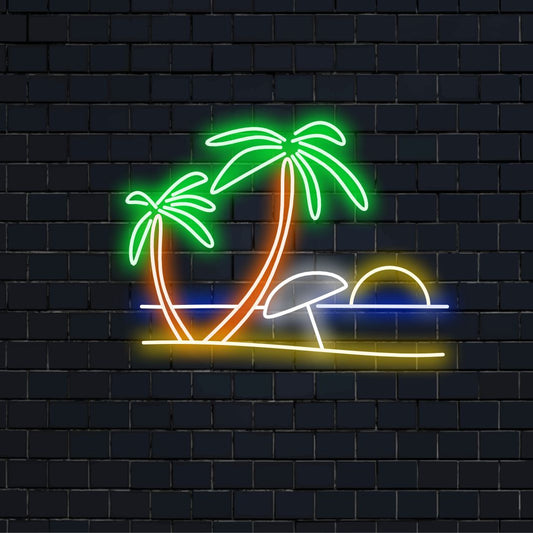 "Beach and Palm Trees Neon Sign" - A tropical neon light featuring the symbols of a beach and palm trees, infusing coastal charm and relaxation into your living space.
