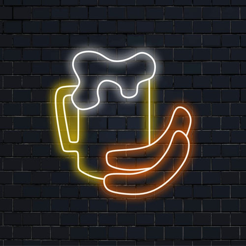 "Placa de neon de cerveja e salsicha" - Uma luz neon vibrante com os símbolos de cerveja e salsicha, trazendo convívio e amor pelos bons momentos ao seu pub ou cervejaria ao ar livre.