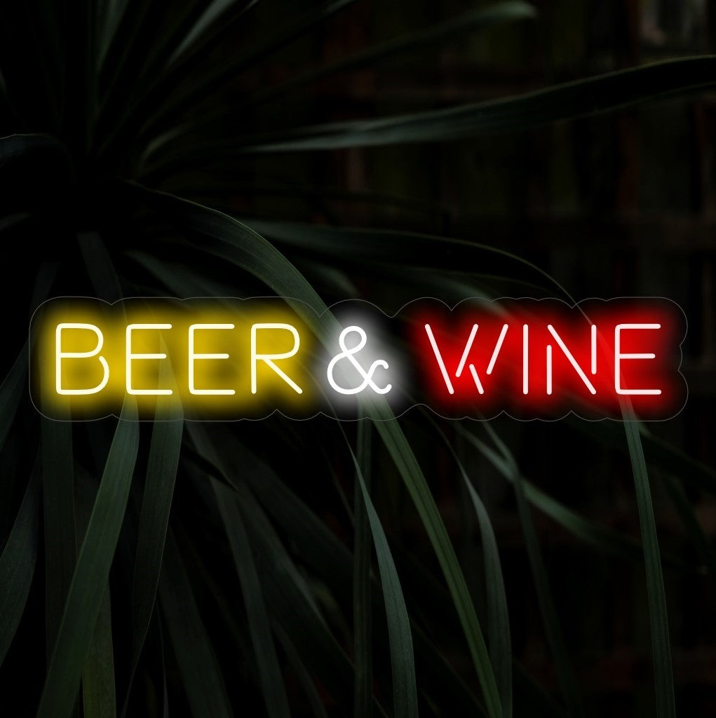 "Placa de neon de cerveja e vinho" - Uma luz de neon festiva com os símbolos de cerveja e vinho, trazendo uma atmosfera de celebração e diversão ao seu bar ou pub.
