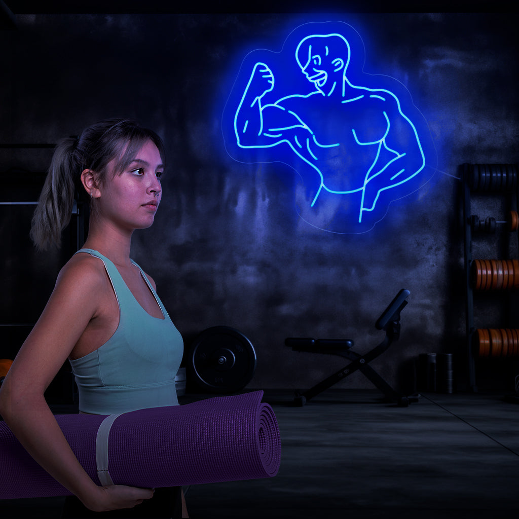 "Placa de neon para fisiculturistas" - Uma poderosa luz de neon com a silhueta de um fisiculturista musculoso, trazendo força e determinação para sua academia ou espaço fitness.