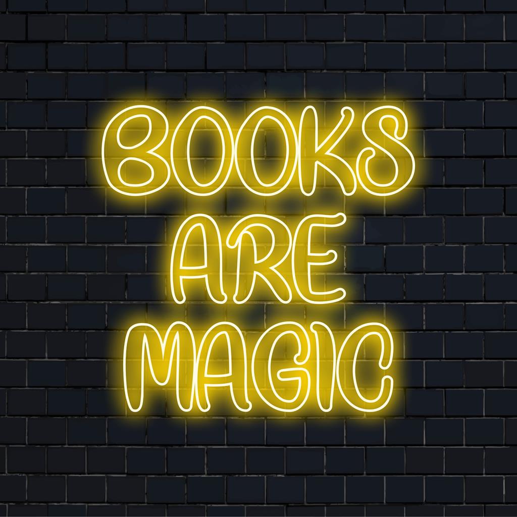 Placa de neon LED personalizada Books Are Magic; arte de texto neon vibrante com tema de livro brilhante, perfeita para decoração personalizada com luz neon.