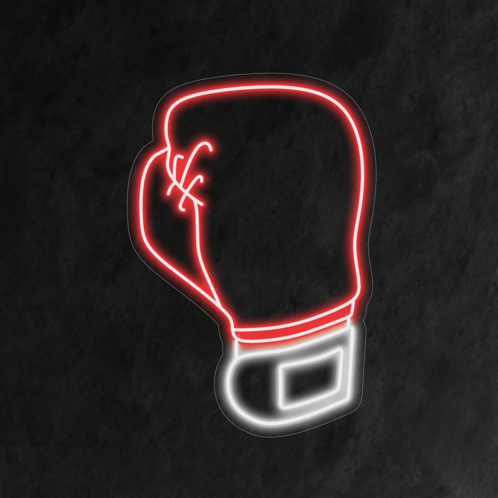 "Placa de neon em forma de luva de boxe" - Uma luz neon ousada com o símbolo icônico de uma luva de boxe, trazendo atletismo e intensidade para sua academia de boxe ou decoração com tema esportivo.