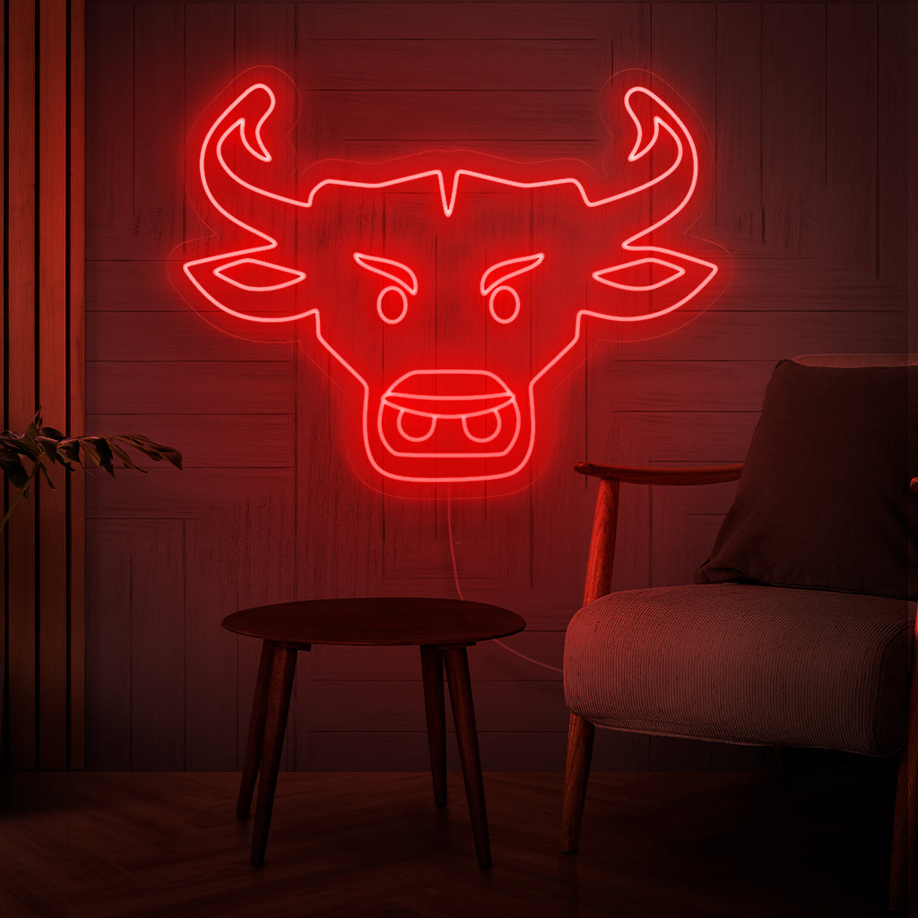 "Placa de neon com cabeça de touro" - Uma luz neon ousada com a imagem icônica de uma cabeça de touro, trazendo força, determinação e charme do sudoeste ao seu espaço de vida.