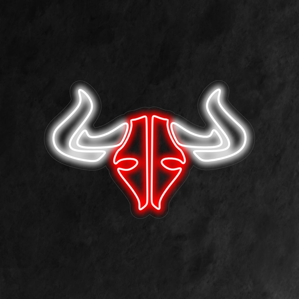 "Placa de neon com caveira de touro" - Uma luminária de neon rústica com a imagem icônica de uma caveira de touro, trazendo charme do deserto e elegância rústica ao seu ambiente.
